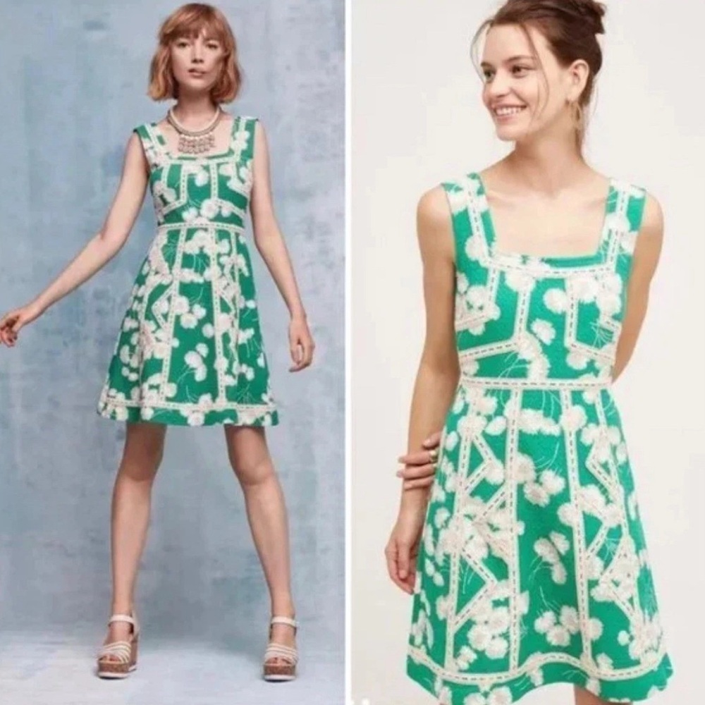 Maeve Anthropologie Emma Green Fit And Flare Dress Lace Trim Size 4 EUC Rn66170 - Picture 1 of 8
